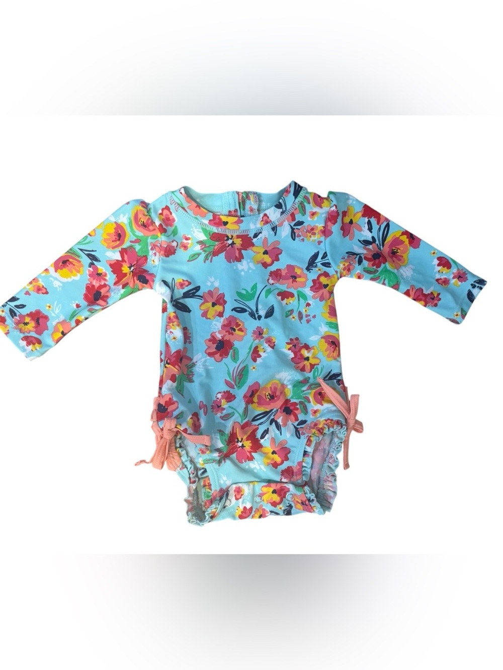 Ruffle Butts Light Blue Floral Long Sleeve Swim Suit with Pink & Yellow Flowers - Picture 1 of 12